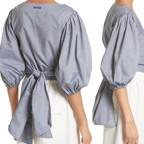 ELIZABETH AND JAMES FARRAH BLOUSON WRAP TOP CRISP STRETCH COTTON DENIM COLOR XS - Picture 2 of 12